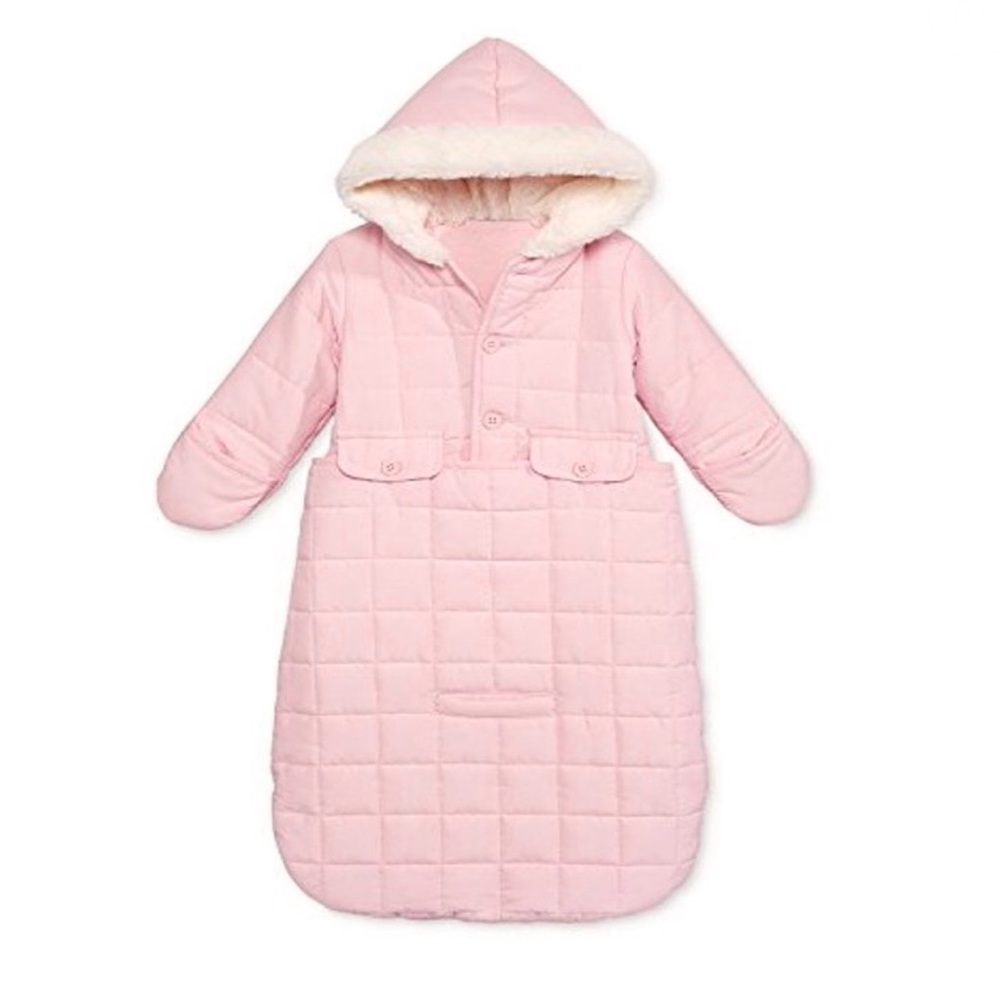 Newborn baby pink quilted jacket and snowbag with faux fur trim